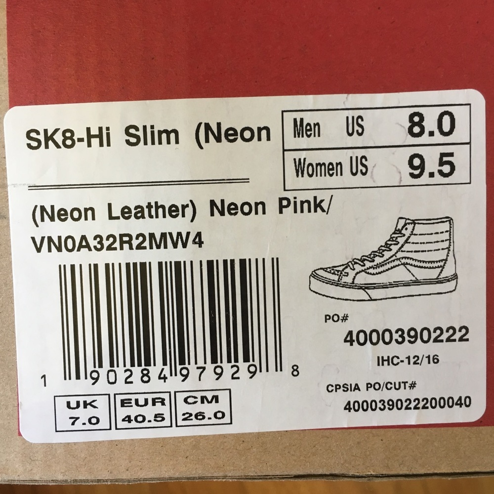 NWT Vans Sk8-Hi Slim Neon Pink Leather, W 9.5, M 8 - Picture 7 of 7